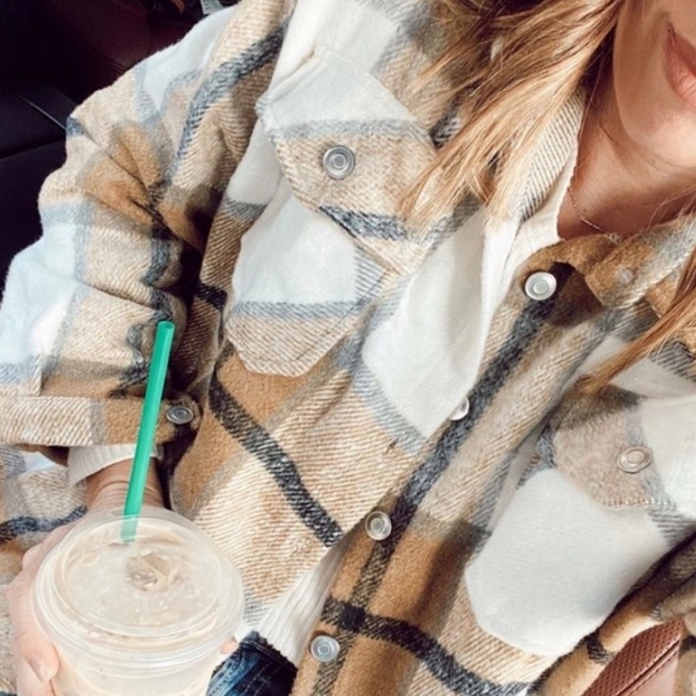 Khaki plaid oversized plaid flannel shirt shachet jacket - Picture 2 of 8